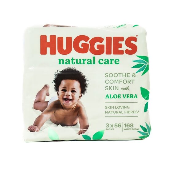 Huggies Natural Care mitrās salvetes ar alveju (3×56 gab., kopā 168)