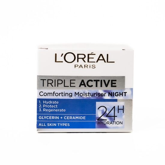 L’Oréal Paris Triple Active Comforting Moisturiser Night – nakts sejas krēms (24 h mitrināšana)