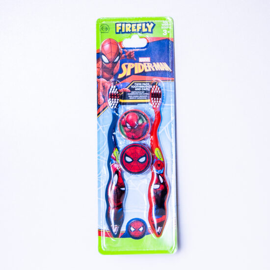 Spiderman zobu birstīšu komplekts – 2 zobu birstes + 2 aizsarguzgaļi